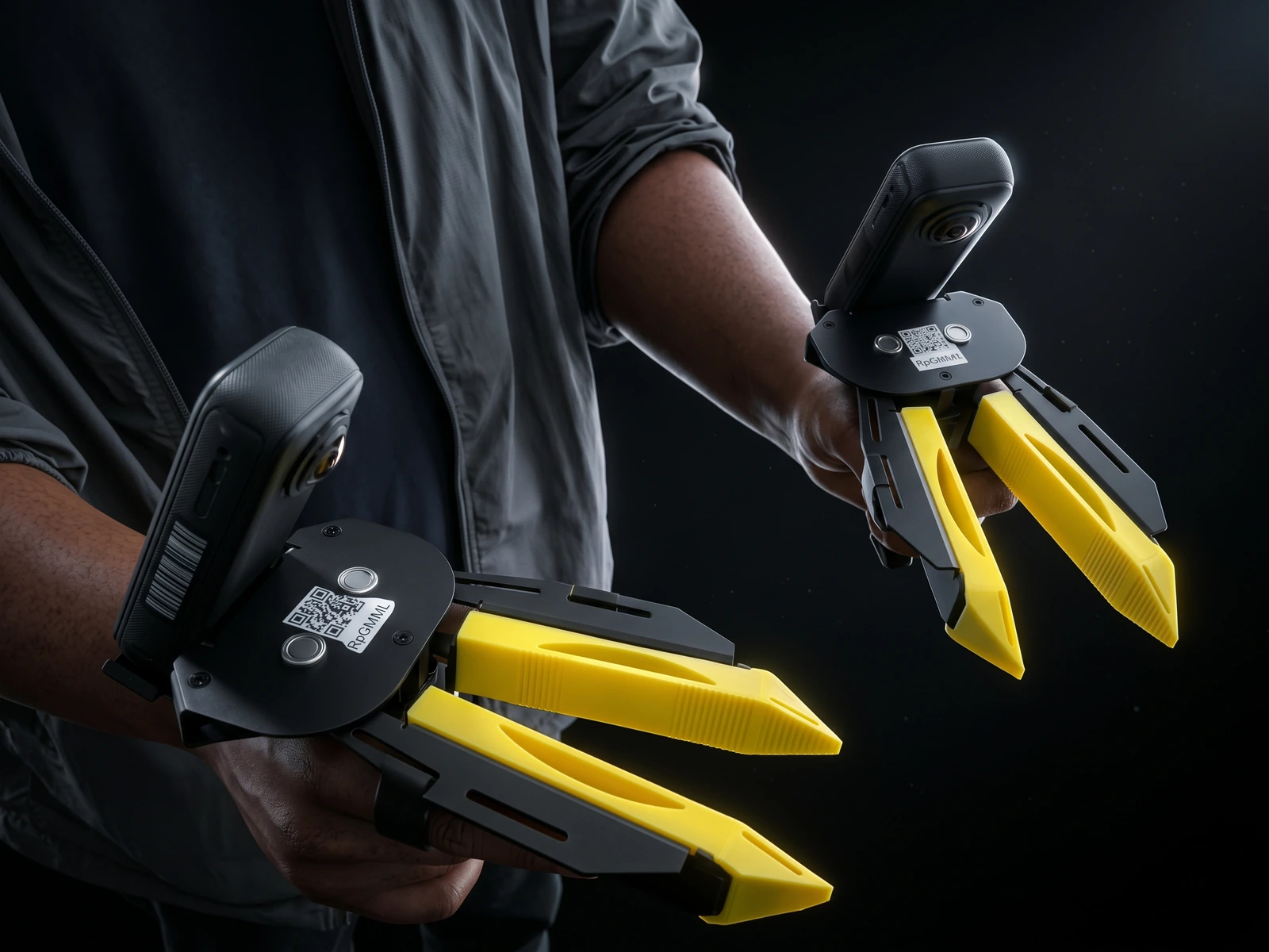 An operator holding a camera-equipped capture gripper in each hand